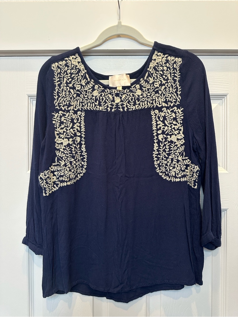 Skies Are Blue Navy Blouse with Cream Floral Embroidery